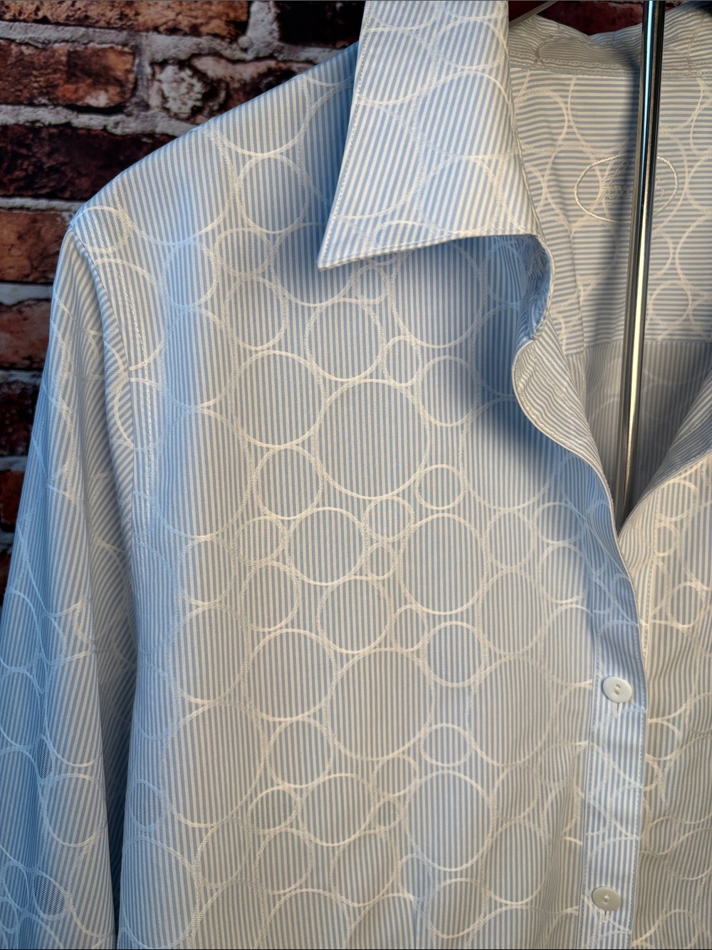 Foxcroft Light Blue & White Pinstripe  Circular Pattern Button-Down Shirt 12/L